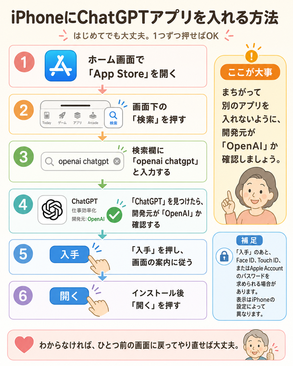 iPhoneでChatGPT公式アプリを検索してインストールする6つの手順を示す説明イラスト