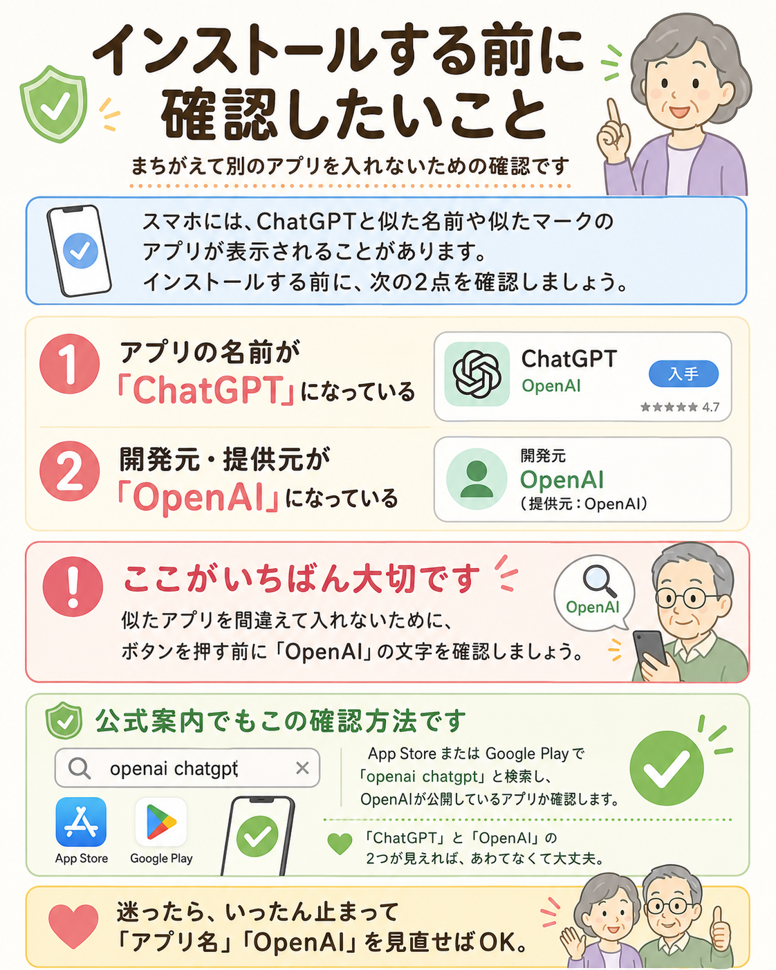 ChatGPT公式アプリをインストールする前にアプリ名と提供元OpenAIを確認するポイントをまとめた説明イラスト